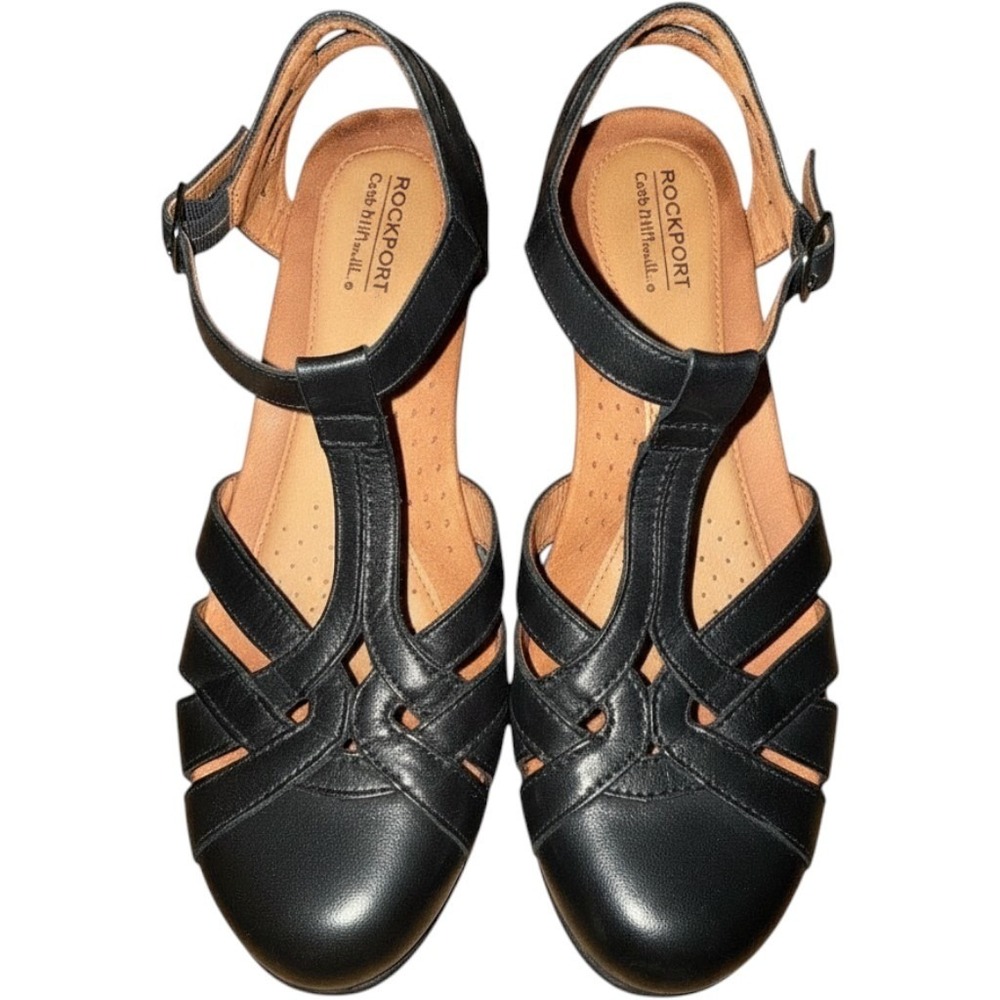 Rockport Aubrey Women's Sandals Black T-Strap Block Heel Size 8 M Rockport